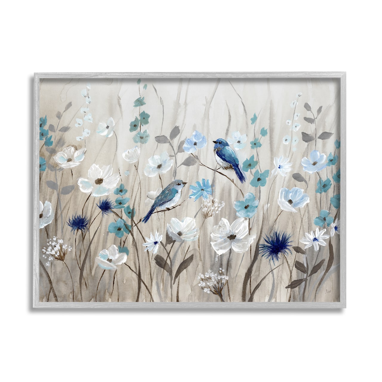 Stupell Industries Birds Floral Meadow Blue White Blossoms Framed Giclee Art